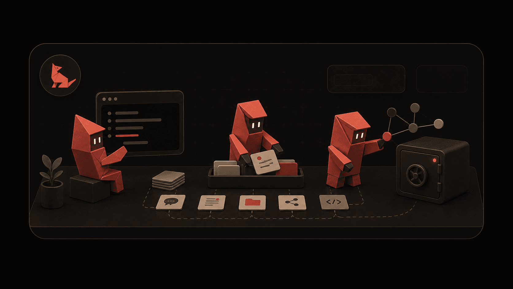 Robot at a desk surrounded by floating app icons — Gmail, Drive, chat, cube, document, cloud — with a code panel and a graph panel