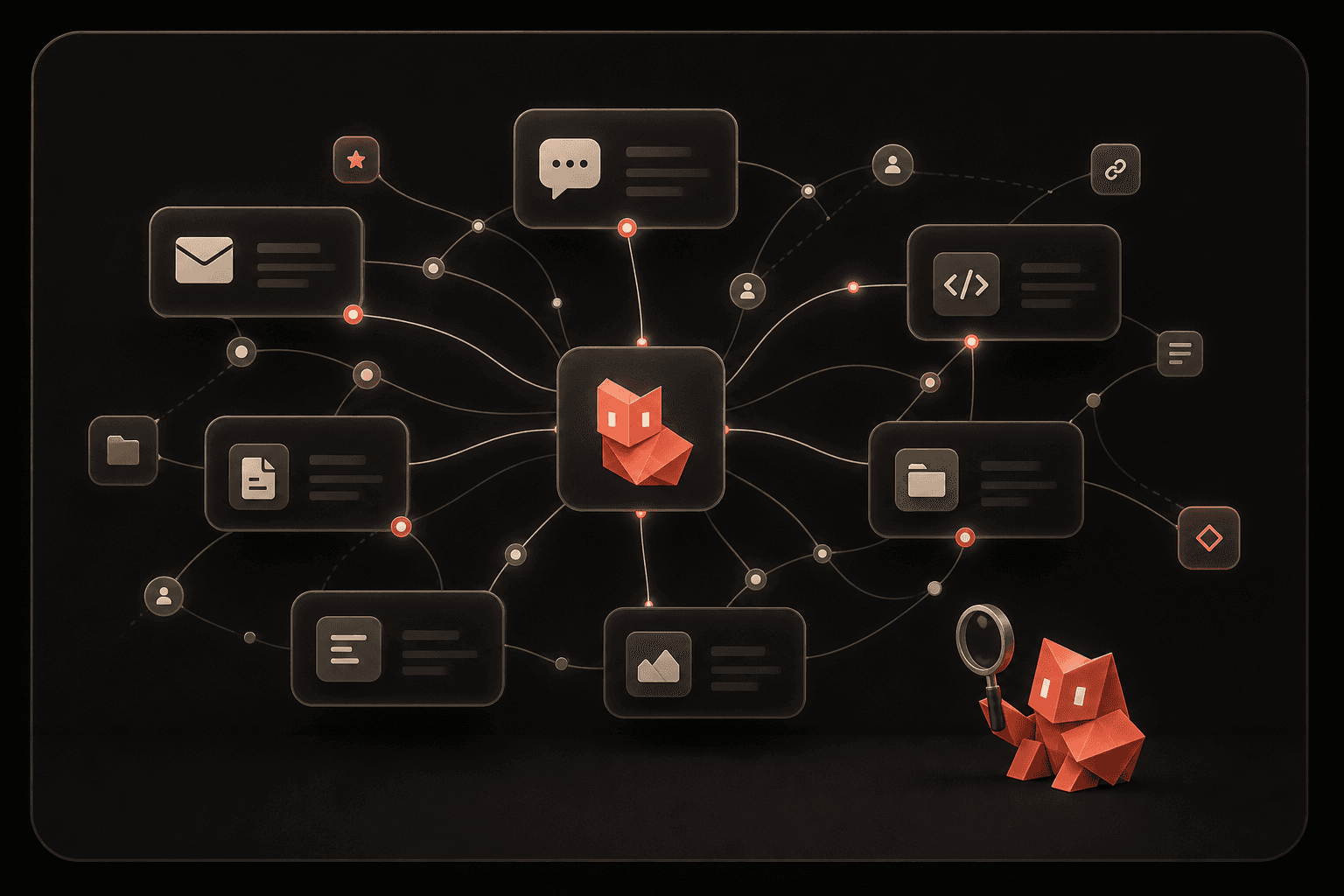 A floating knowledge graph of connected entity cards on a dark canvas, with a small robot in the corner watching