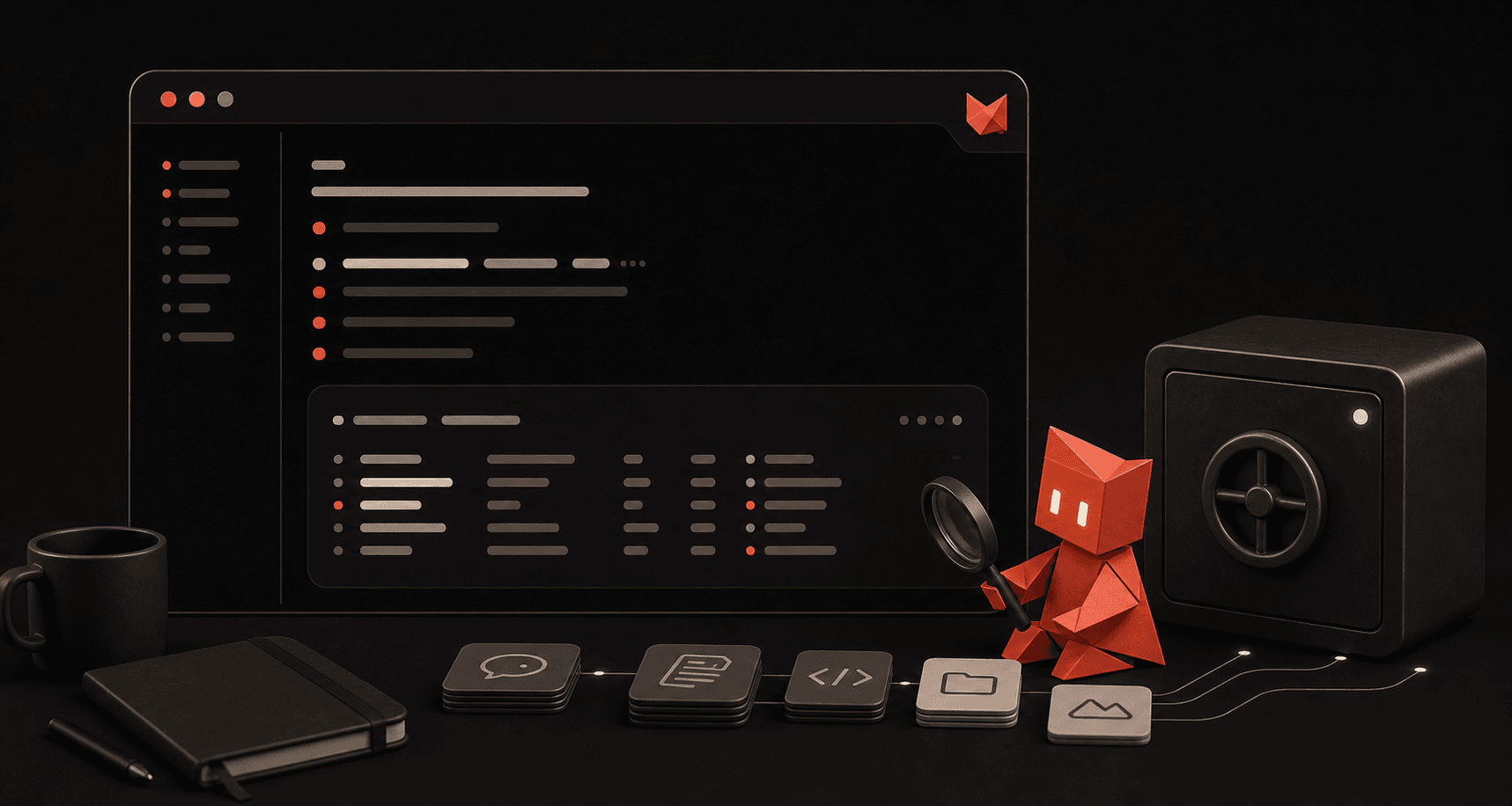 Robot inserting a card into a vault with glowing connected icon trails on a desk