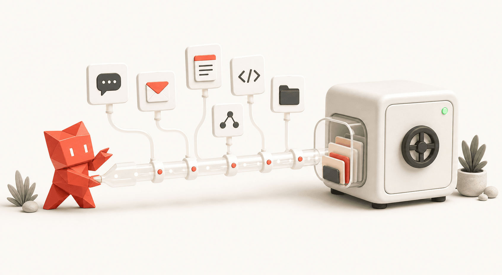 Robot pushing a cart of folders through a pipeline of icons into a vault