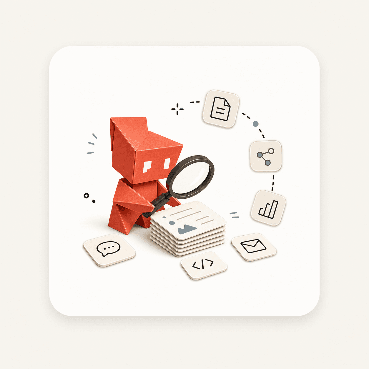 A small robot with a magnifying glass examining a stack of document cards