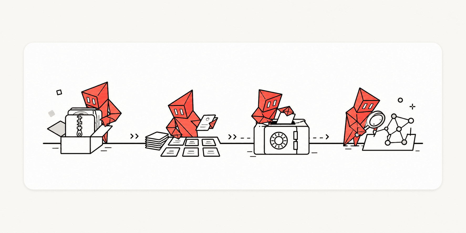 Four small robots — one unzipping a box, one sorting cards, one with a database, one with a magnifying glass