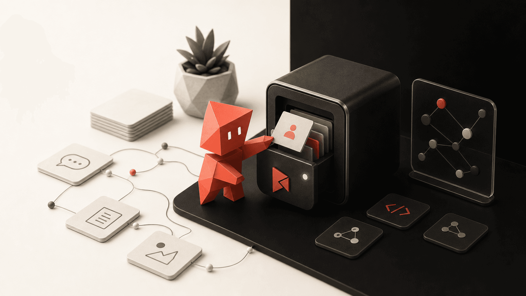 Robot loading documents into a safe with a graph and search panel beside it